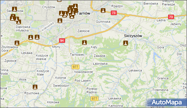 mapa Zawada gmina Tarnów, Zawada gmina Tarnów na mapie Targeo