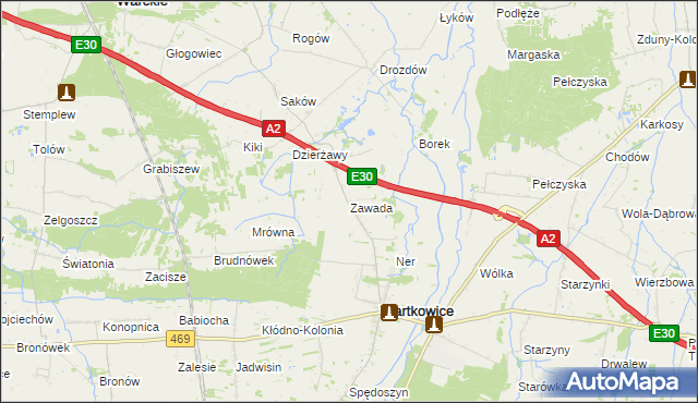 mapa Zawada gmina Wartkowice, Zawada gmina Wartkowice na mapie Targeo