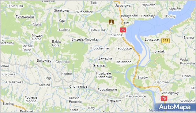 mapa Zawadka gmina Łososina Dolna, Zawadka gmina Łososina Dolna na mapie Targeo