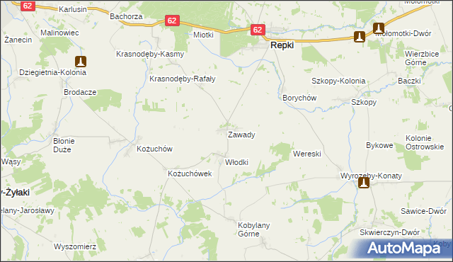mapa Zawady gmina Repki, Zawady gmina Repki na mapie Targeo