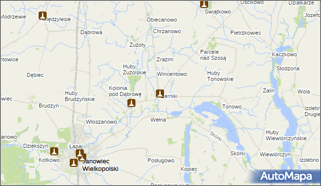 mapa Żerniki gmina Janowiec Wielkopolski, Żerniki gmina Janowiec Wielkopolski na mapie Targeo