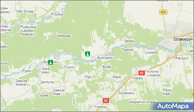 mapa Bobrowniki gmina Działoszyn, Bobrowniki gmina Działoszyn na mapie Targeo