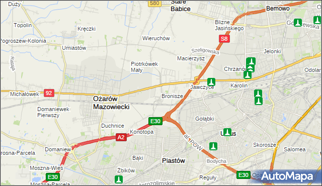 mapa Bronisze gmina Ożarów Mazowiecki, Bronisze gmina Ożarów Mazowiecki na mapie Targeo