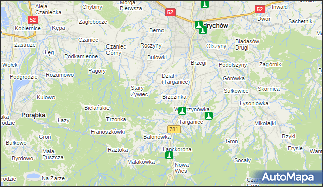 mapa Brzezinka gmina Andrychów, Brzezinka gmina Andrychów na mapie Targeo