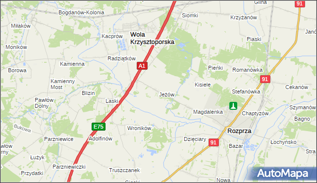 mapa Jeżów gmina Wola Krzysztoporska, Jeżów gmina Wola Krzysztoporska na mapie Targeo