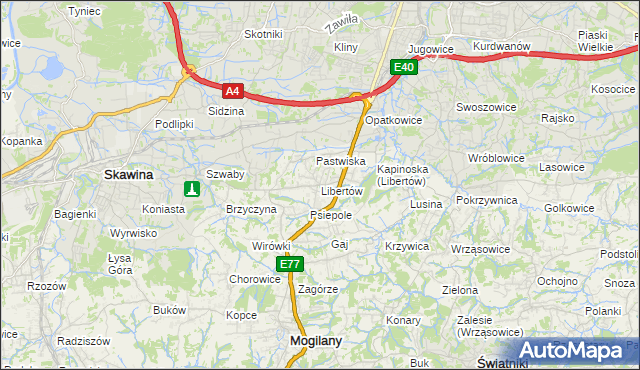 mapa Libertów gmina Mogilany, Libertów gmina Mogilany na mapie Targeo