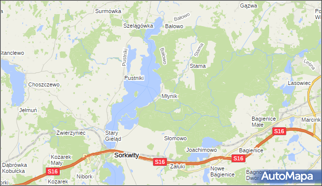 mapa Młynik gmina Sorkwity, Młynik gmina Sorkwity na mapie Targeo