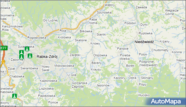 mapa Olszówka gmina Mszana Dolna, Olszówka gmina Mszana Dolna na mapie Targeo