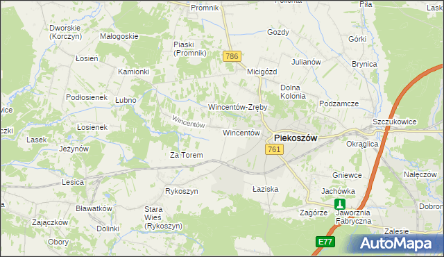 mapa Wincentów gmina Piekoszów, Wincentów gmina Piekoszów na mapie Targeo