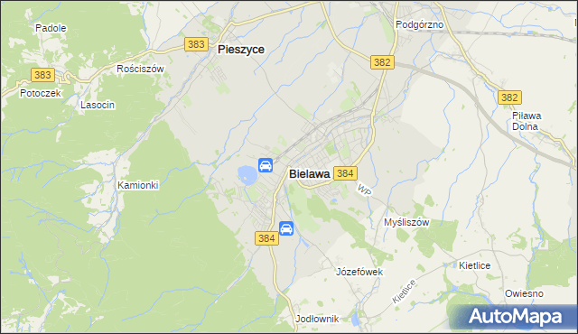 mapa Bielawa powiat dzierżoniowski, Bielawa powiat dzierżoniowski na mapie Targeo