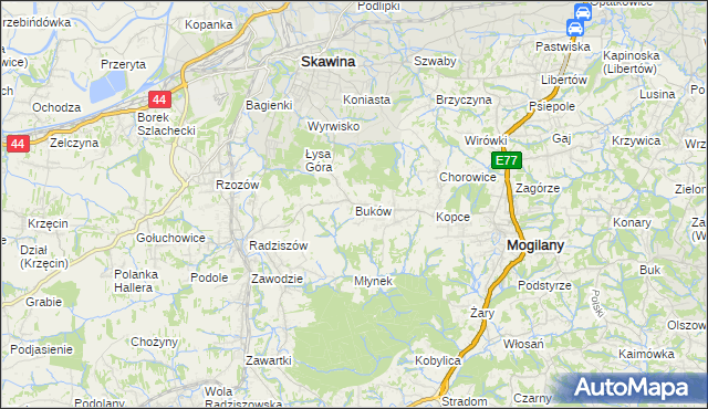 mapa Buków gmina Mogilany, Buków gmina Mogilany na mapie Targeo