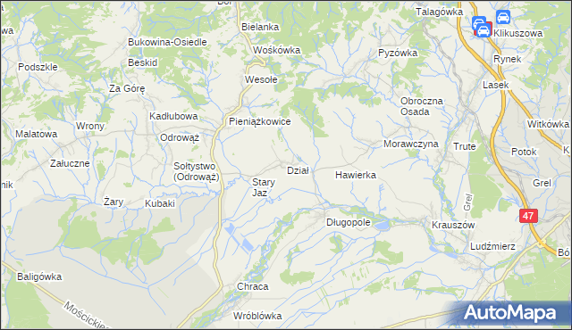 mapa Dział gmina Czarny Dunajec, Dział gmina Czarny Dunajec na mapie Targeo