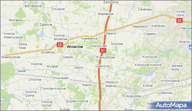 mapa Franciszków gmina Wolanów, Franciszków gmina Wolanów na mapie Targeo