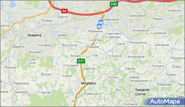 mapa Gaj gmina Mogilany, Gaj gmina Mogilany na mapie Targeo