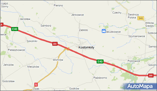 mapa Kostomłoty powiat średzki, Kostomłoty powiat średzki na mapie Targeo