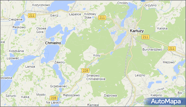 mapa Kosy gmina Kartuzy, Kosy gmina Kartuzy na mapie Targeo