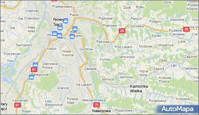 mapa Kunów gmina Chełmiec, Kunów gmina Chełmiec na mapie Targeo