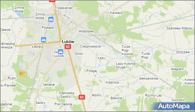 mapa Łazy gmina Łuków, Łazy gmina Łuków na mapie Targeo