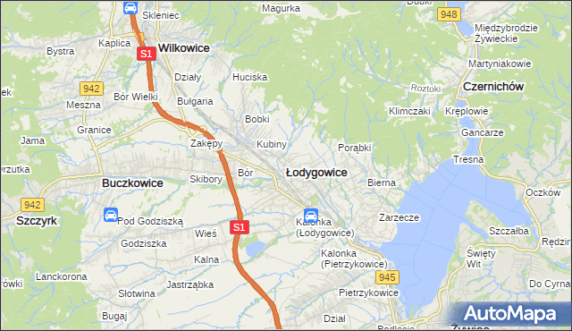 mapa Łodygowice powiat żywiecki, Łodygowice powiat żywiecki na mapie Targeo