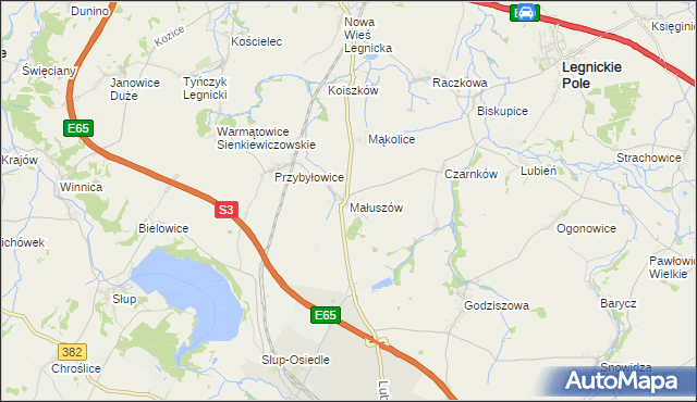 mapa Małuszów gmina Męcinka, Małuszów gmina Męcinka na mapie Targeo