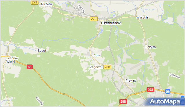 mapa Płoty gmina Czerwieńsk, Płoty gmina Czerwieńsk na mapie Targeo
