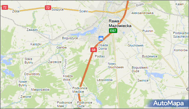 mapa Podlas gmina Rawa Mazowiecka, Podlas gmina Rawa Mazowiecka na mapie Targeo