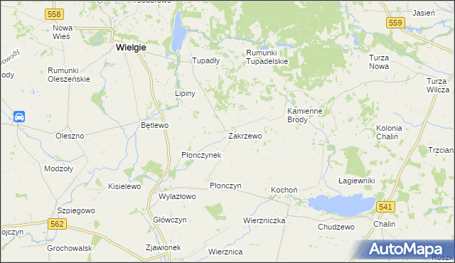 mapa Zakrzewo gmina Wielgie, Zakrzewo gmina Wielgie na mapie Targeo