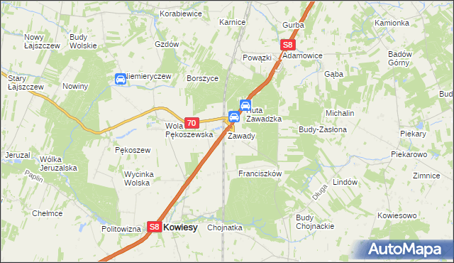 mapa Zawady gmina Kowiesy, Zawady gmina Kowiesy na mapie Targeo