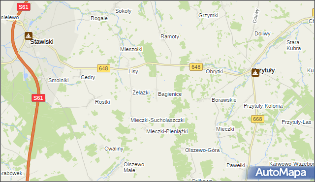 mapa Bagienice gmina Przytuły, Bagienice gmina Przytuły na mapie Targeo