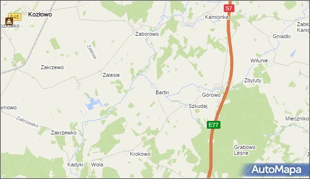 mapa Bartki gmina Kozłowo, Bartki gmina Kozłowo na mapie Targeo