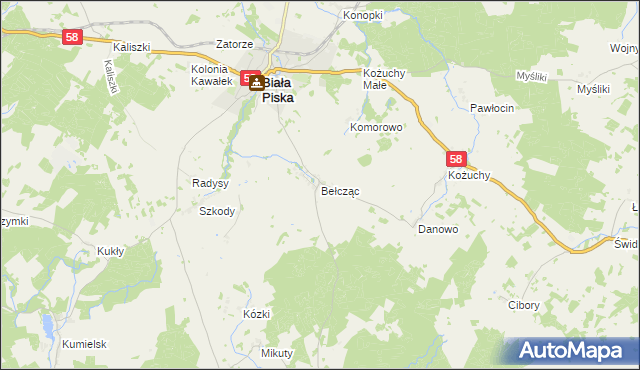 mapa Bełcząc gmina Biała Piska, Bełcząc gmina Biała Piska na mapie Targeo