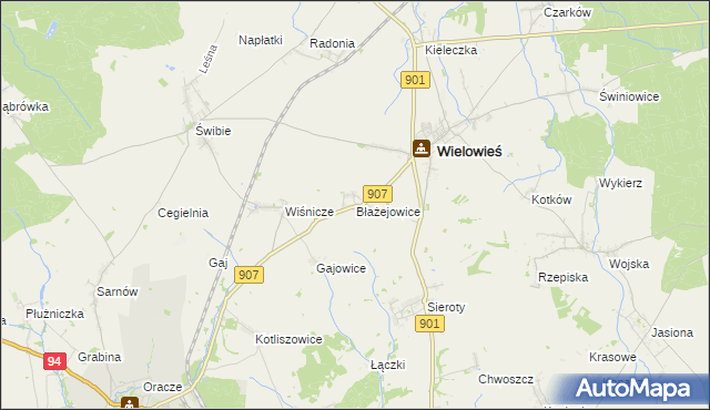 mapa Błażejowice gmina Wielowieś, Błażejowice gmina Wielowieś na mapie Targeo