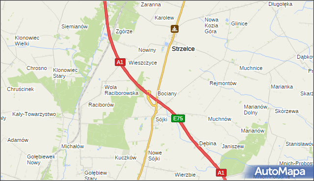 mapa Bociany gmina Strzelce, Bociany gmina Strzelce na mapie Targeo