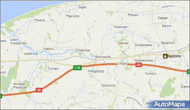 mapa Borkowice gmina Będzino, Borkowice gmina Będzino na mapie Targeo