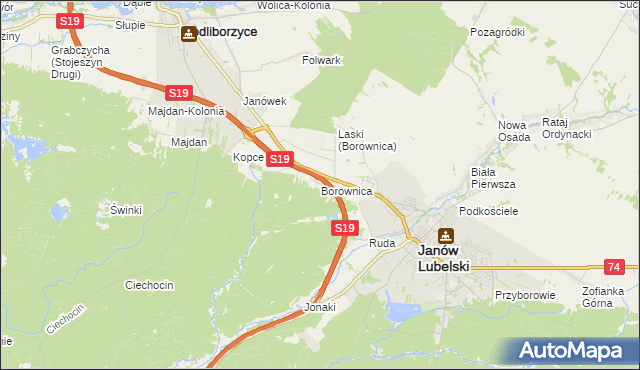 mapa Borownica gmina Janów Lubelski, Borownica gmina Janów Lubelski na mapie Targeo