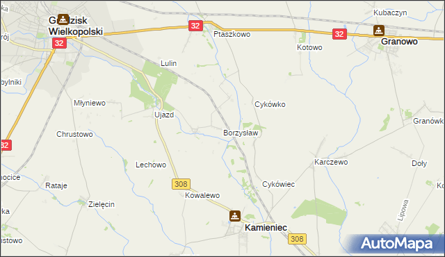 mapa Borzysław gmina Grodzisk Wielkopolski, Borzysław gmina Grodzisk Wielkopolski na mapie Targeo