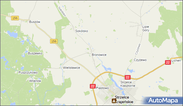 mapa Bronowice gmina Strzelce Krajeńskie, Bronowice gmina Strzelce Krajeńskie na mapie Targeo