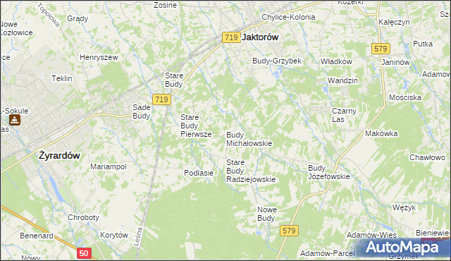mapa Budy Michałowskie gmina Jaktorów, Budy Michałowskie gmina Jaktorów na mapie Targeo