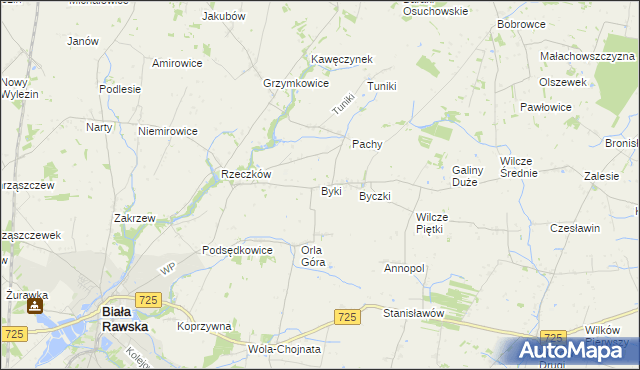 mapa Byki gmina Biała Rawska, Byki gmina Biała Rawska na mapie Targeo