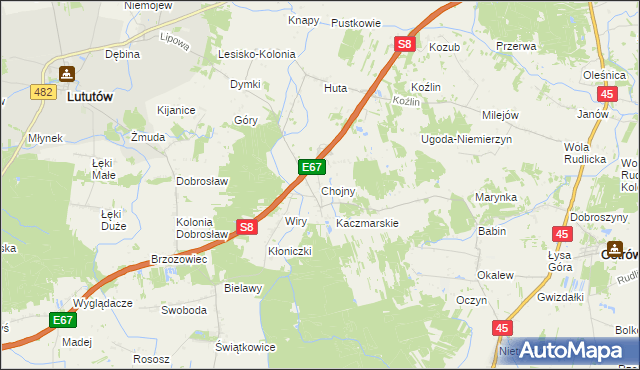 mapa Chojny gmina Lututów, Chojny gmina Lututów na mapie Targeo