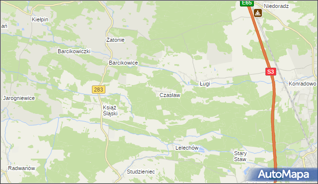 mapa Czasław gmina Otyń, Czasław gmina Otyń na mapie Targeo