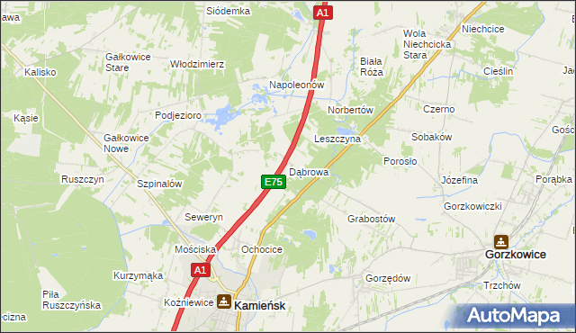 mapa Dąbrowa gmina Kamieńsk, Dąbrowa gmina Kamieńsk na mapie Targeo