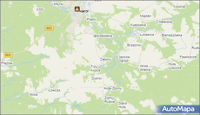 mapa Dębiny gmina Narol, Dębiny gmina Narol na mapie Targeo