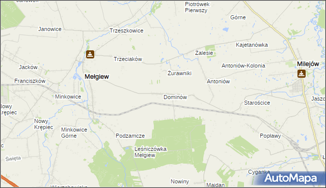 mapa Dominów gmina Mełgiew, Dominów gmina Mełgiew na mapie Targeo