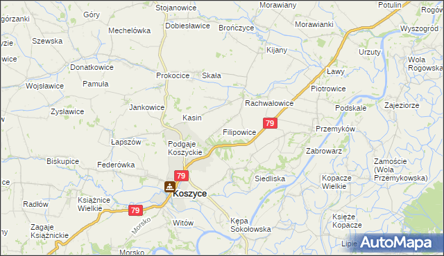 mapa Filipowice gmina Koszyce, Filipowice gmina Koszyce na mapie Targeo