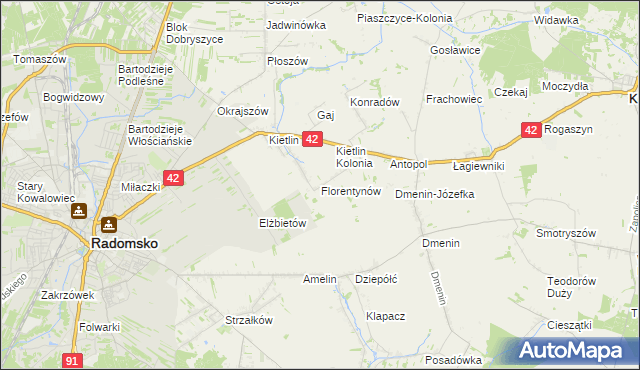 mapa Florentynów gmina Kodrąb, Florentynów gmina Kodrąb na mapie Targeo