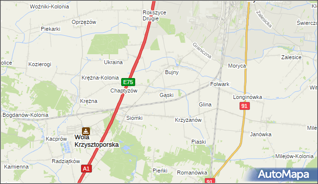 mapa Gąski gmina Wola Krzysztoporska, Gąski gmina Wola Krzysztoporska na mapie Targeo