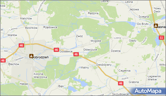mapa Główczyce gmina Dobrodzień, Główczyce gmina Dobrodzień na mapie Targeo
