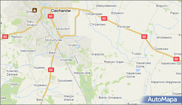 mapa Grędzice gmina Ciechanów, Grędzice gmina Ciechanów na mapie Targeo