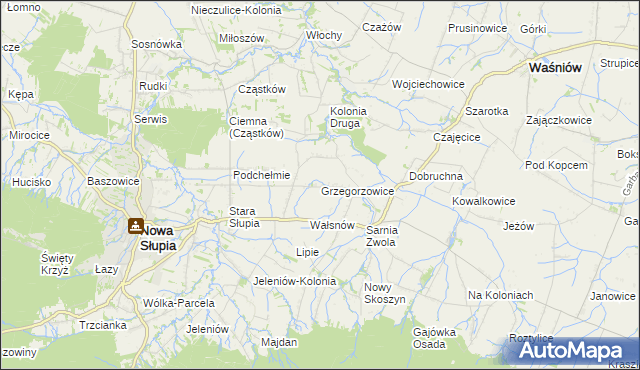 mapa Grzegorzowice gmina Waśniów, Grzegorzowice gmina Waśniów na mapie Targeo